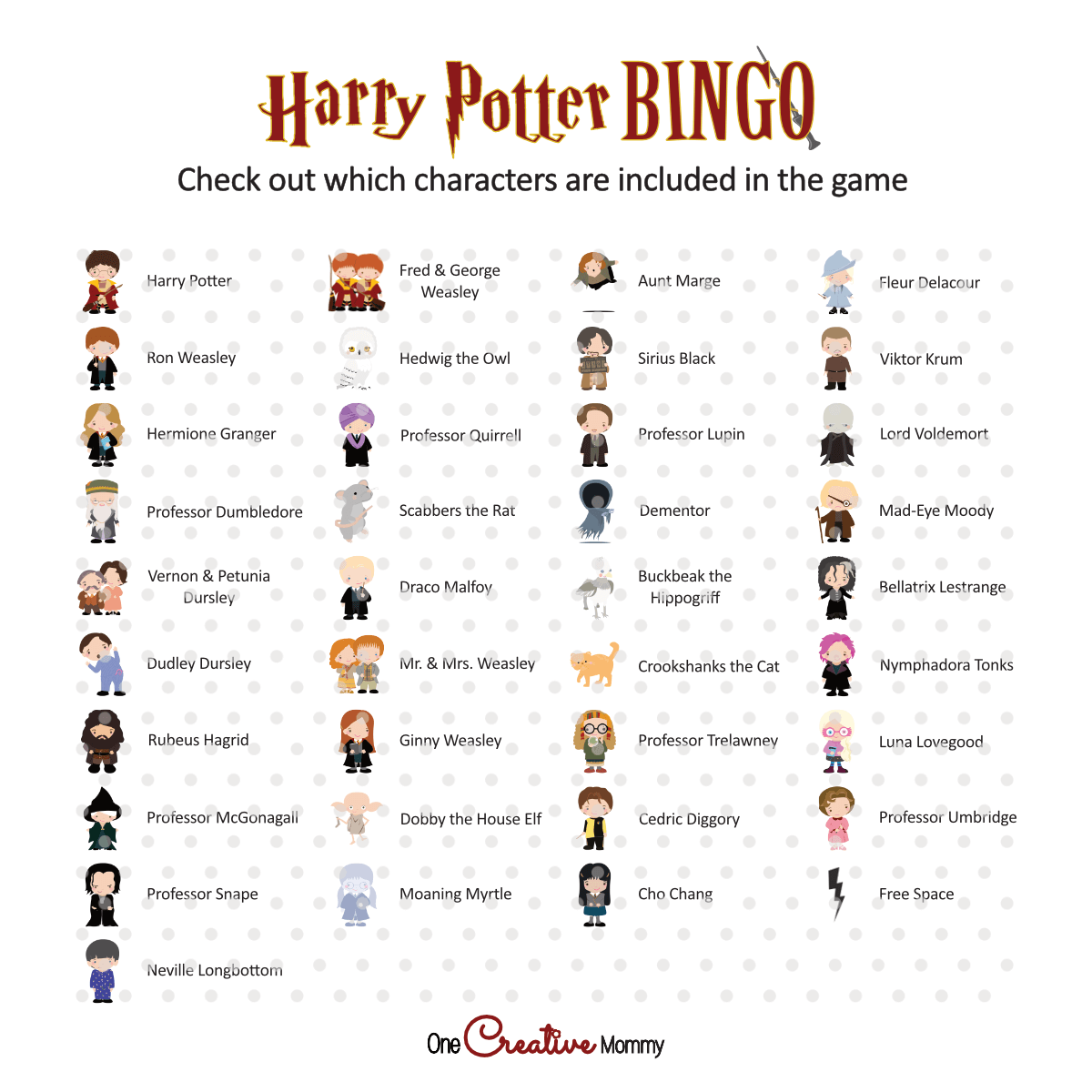 Image of all the characters included in the bingo game