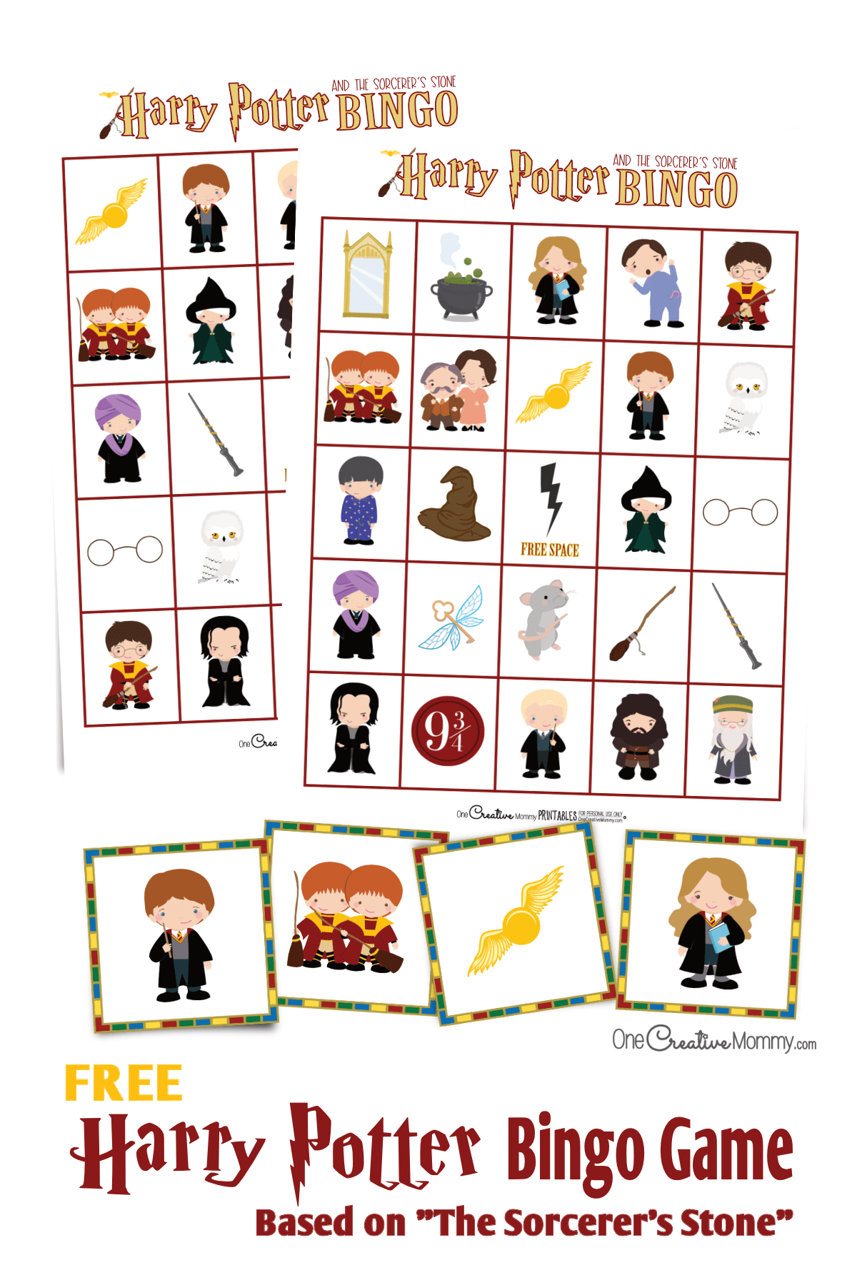 Free Harry Potter Bingo game! Because the images are based on Book 1, even the newest Harry Potter fan can play. {OneCreativeMommy.com} Free family set with class set available on Etsy #harrypotterbingo #harrypotterbirthdayparty #harrypotterparty #bingogame