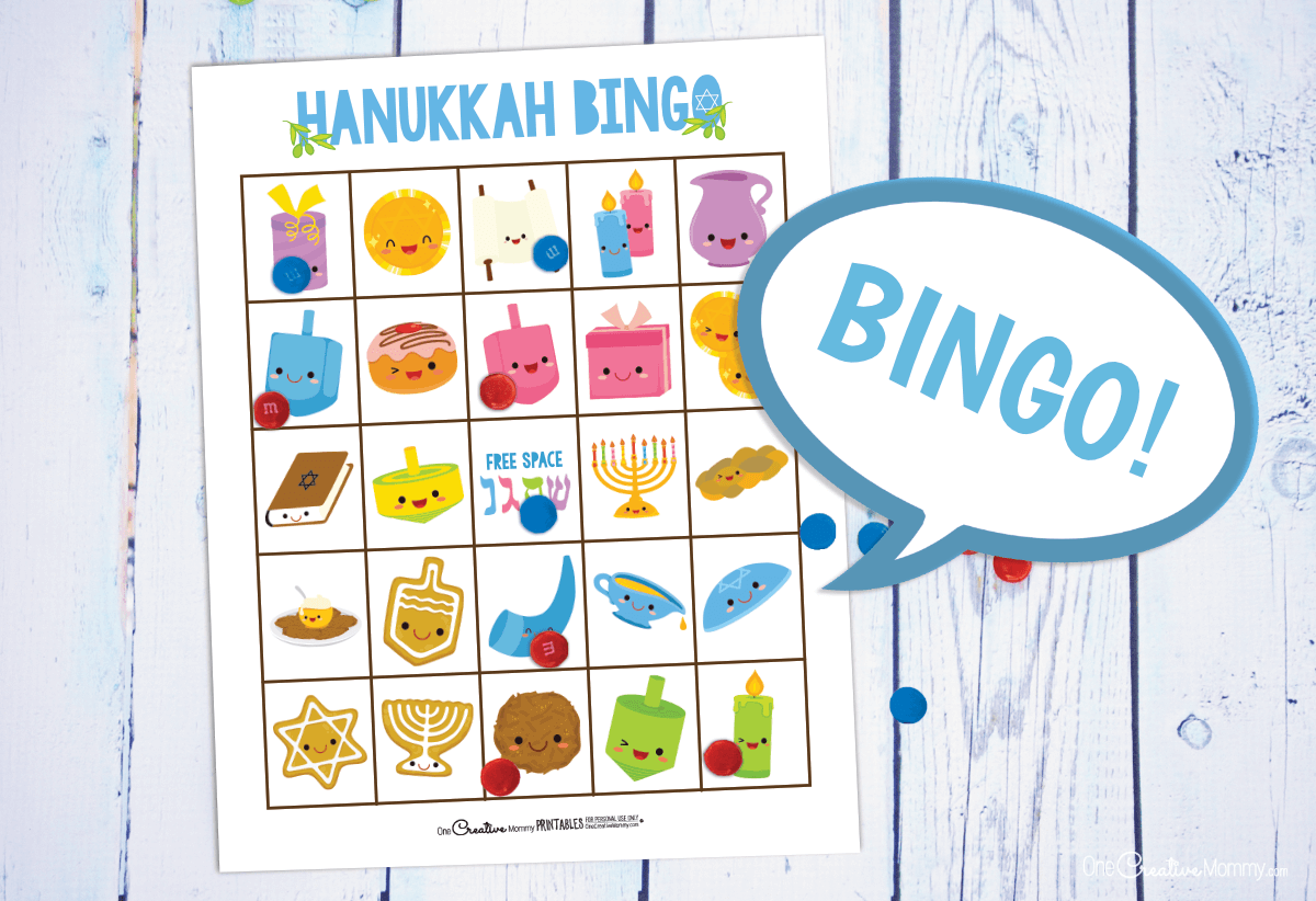 I love this free printable Hanukkah Bingo game! I'm so exicted to play it with the kids. {OneCreativeMommy.com} #bingo #hanukkah #hanukkahbingo #freeprintable