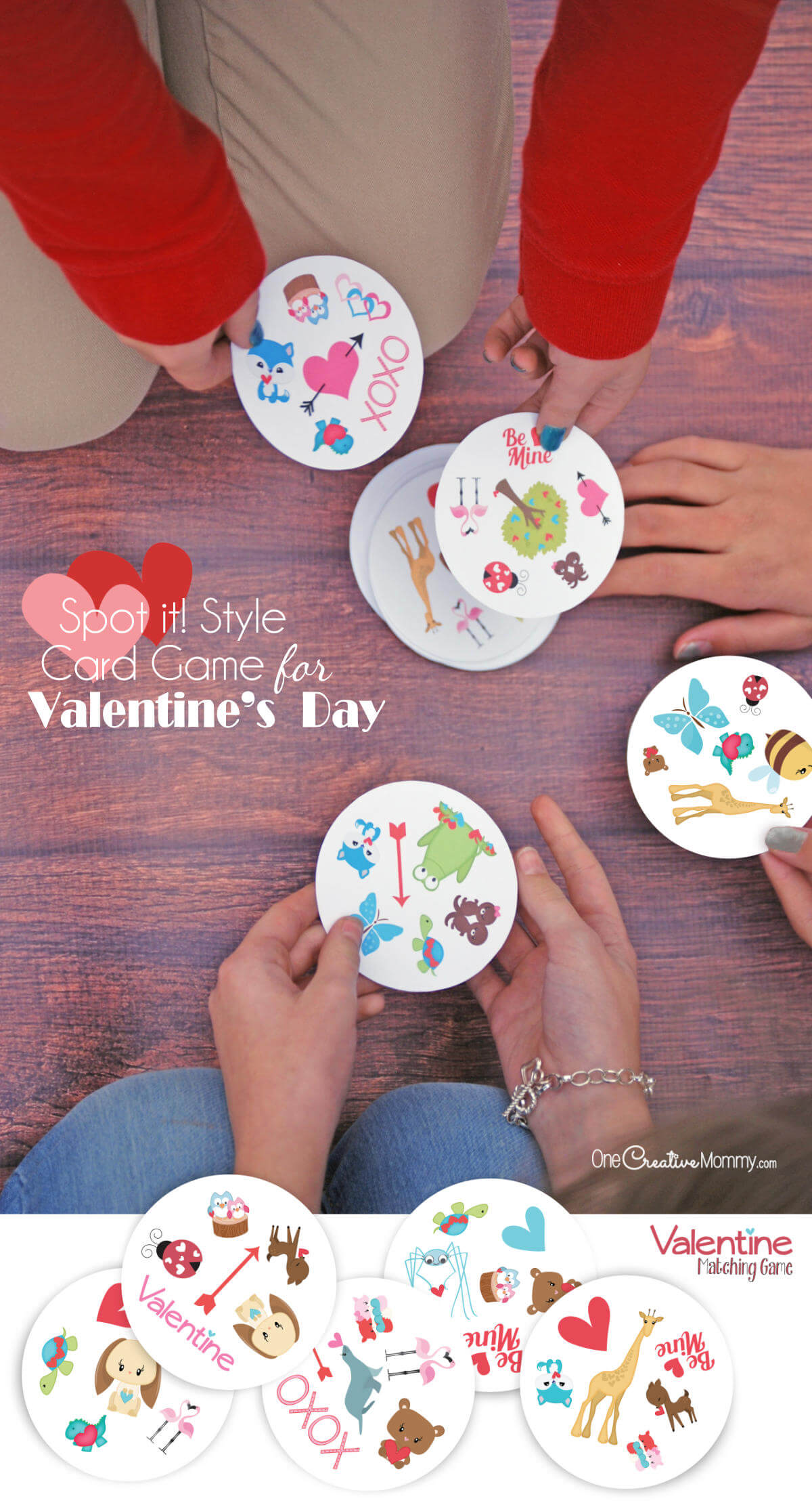Closeup of three young girls playing Valentine's Day Spot It card game. Cards are round and contain valentine-themed images. There are several enlarged images of the cards at the bottom.