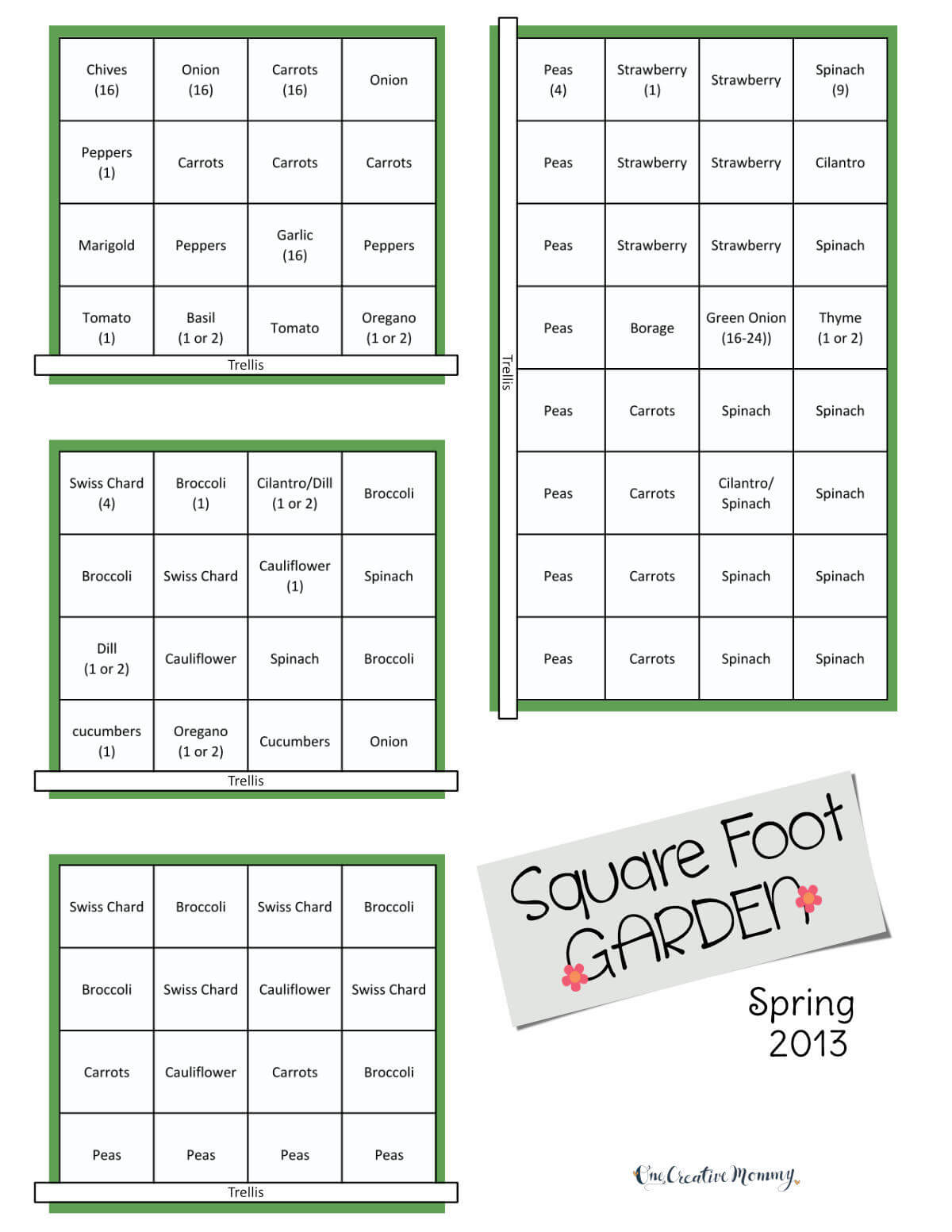 A chart showing three 4x4 and one 4x8 square foot garden beds. Each bed is divided into squares with titles of plants listed in every square.