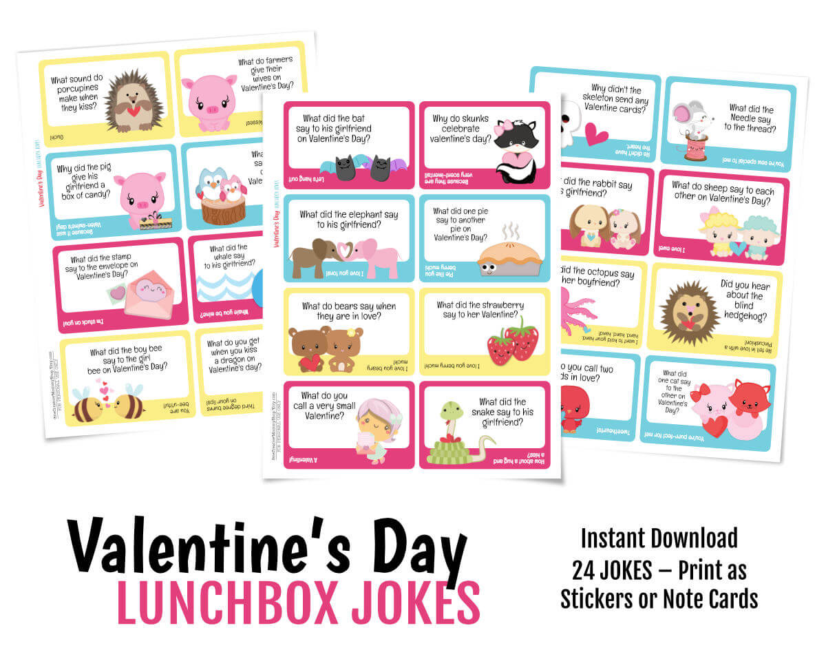 Three pages of Valentine's Day lunchbox jokes are shown with the text: Instant download.! 24 jokes - Two sizes -- Stickers and Cards.