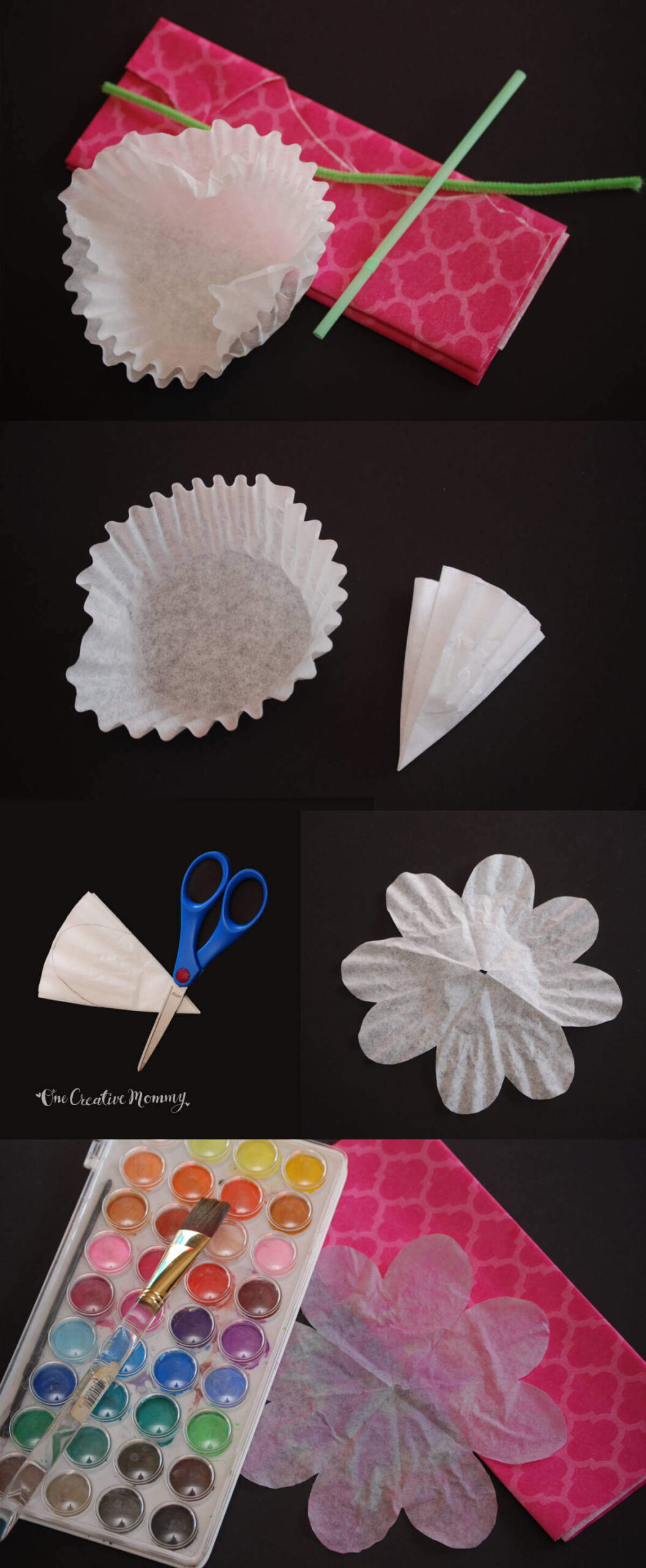 Step-by-step images of the process of creating coffee filter flowers
