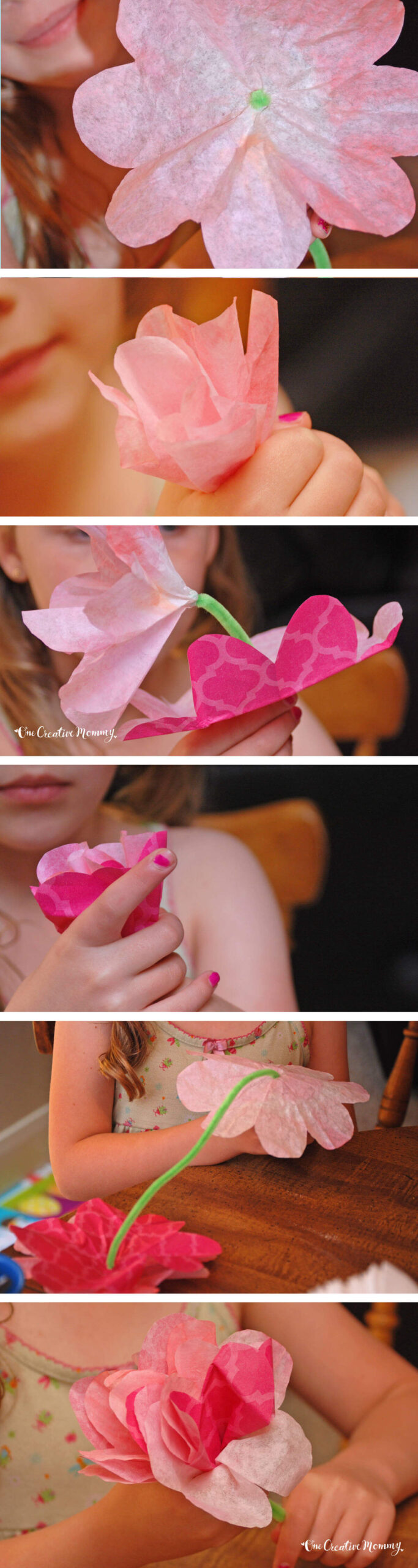 Step-by-step images of the process of creating coffee filter flowers