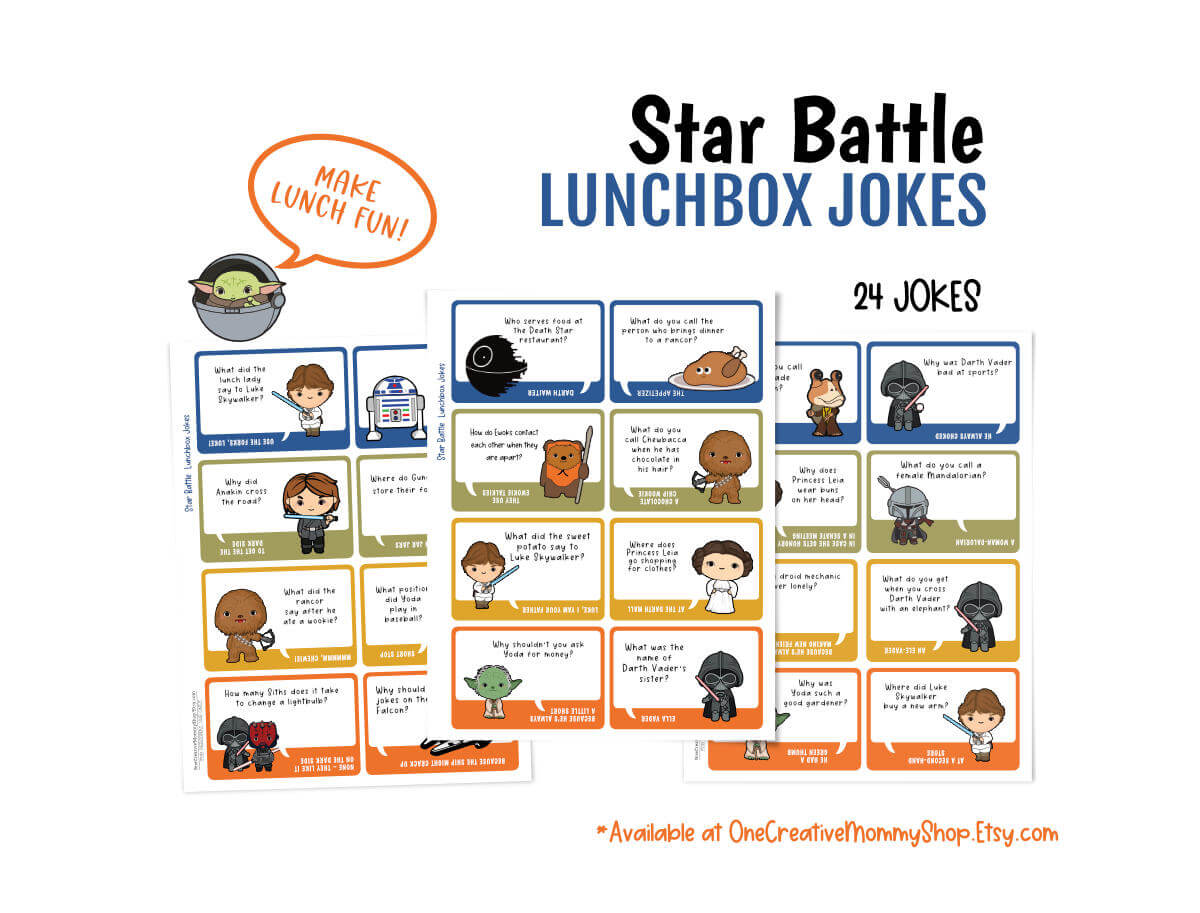 3 sheets of Star Wars lunchbox jokes, with 8 jokes per page. An image of baby Grogu sits next to a word bubble that reads, Make lunch fun!