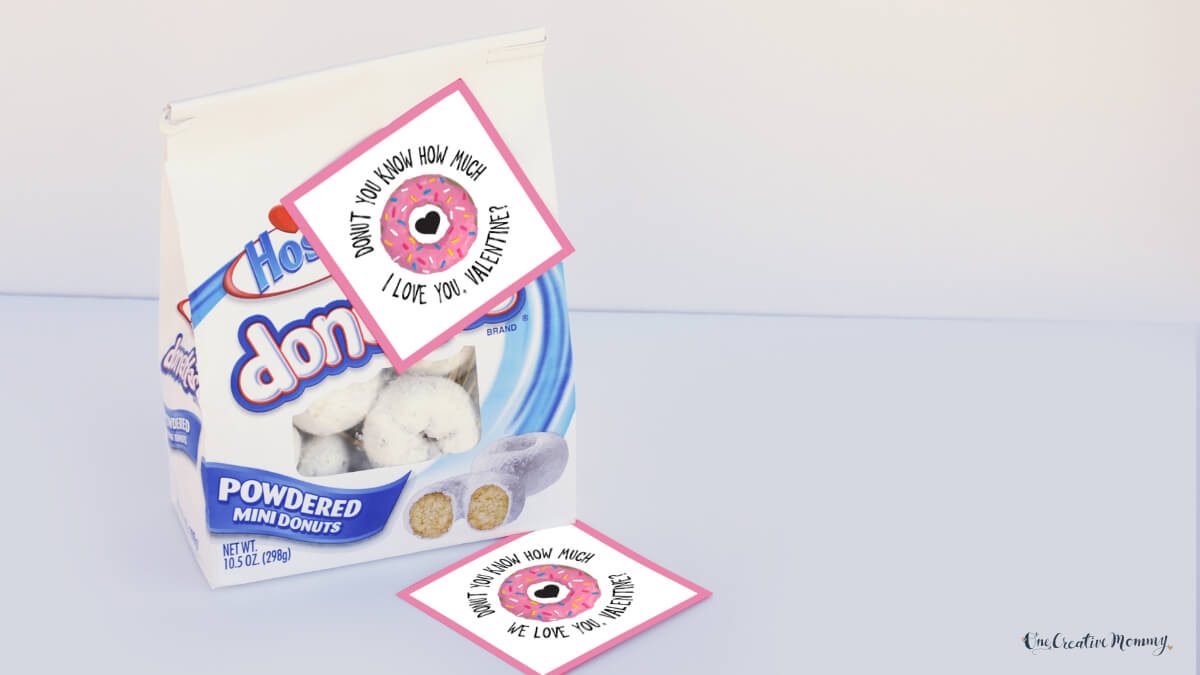 A bag of Hostess powdered donuts is shown with a card taped to it that says, Donut you know how much I love you, Valentine?