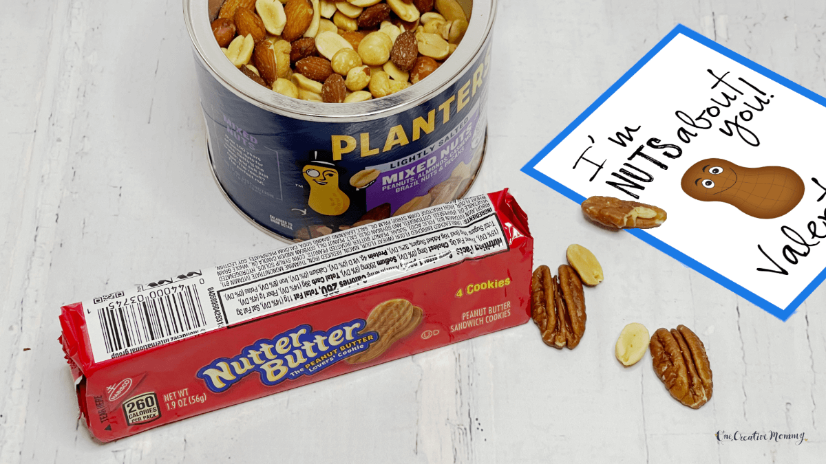 An open canister of peanuts and a small package of Nutter Butter cookies are shown with a Valentine's Day card that says, I am nuts about you, Valentine!