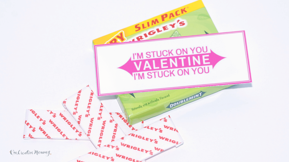 A pack of Double Mint gum and several sticks of gum are shown with a card on top that says, I am stuck on you Valentine