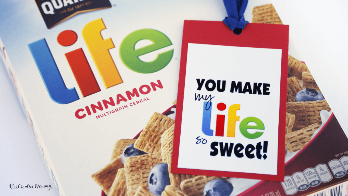 A closeup image of a box of Life cereal with a Valentine's Day that says, You make my life so sweet!