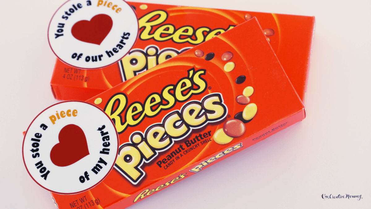 Two boxes of Reese's pieces candy are shown with a Valentine's Day tag that says, You stole a piece of my heart.