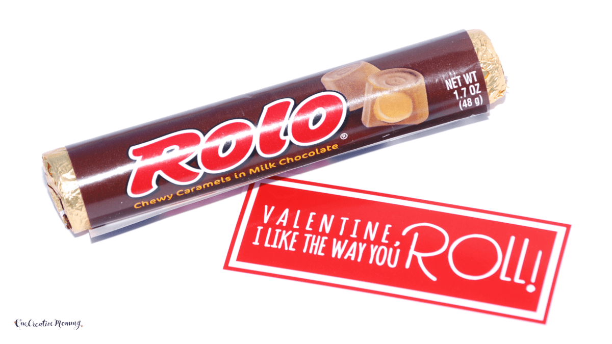 A package of Rolo candies is shown with a red Valentine tag that says, Valentine, I like the way you roll!