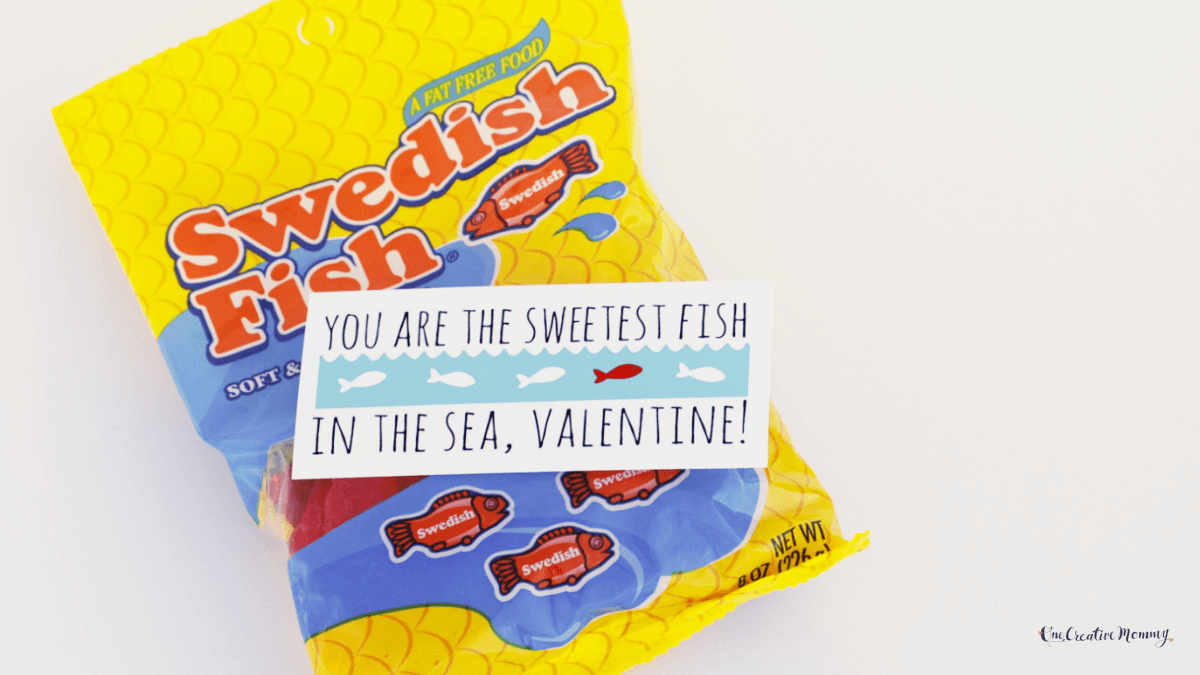 A large bag of Swedish Fish candy is shown with a Valentine's Day card taped to it that says, You are the sweetest fish in the sea, Valentine!