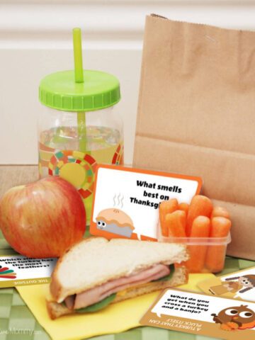 A child's lunch is spread out on a green placemat. There is a yellow napkin under half a turkey sandwich, a small container or baby carrots, an apple, and a drink bottle. Those items sit in front of a brown paper lunch sack, and there are 4 Thanksgiving lunchbox jokes scattered among them.