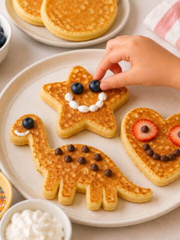 Child decorating shaped pancakes with blueberries, strawberries, chocolate chips and whipped cream