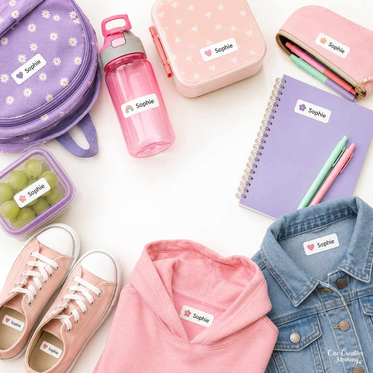 Personalized name labels on backpacks, lunchboxes, water bottles, clothing, shoes, notebooks, and school supplies.