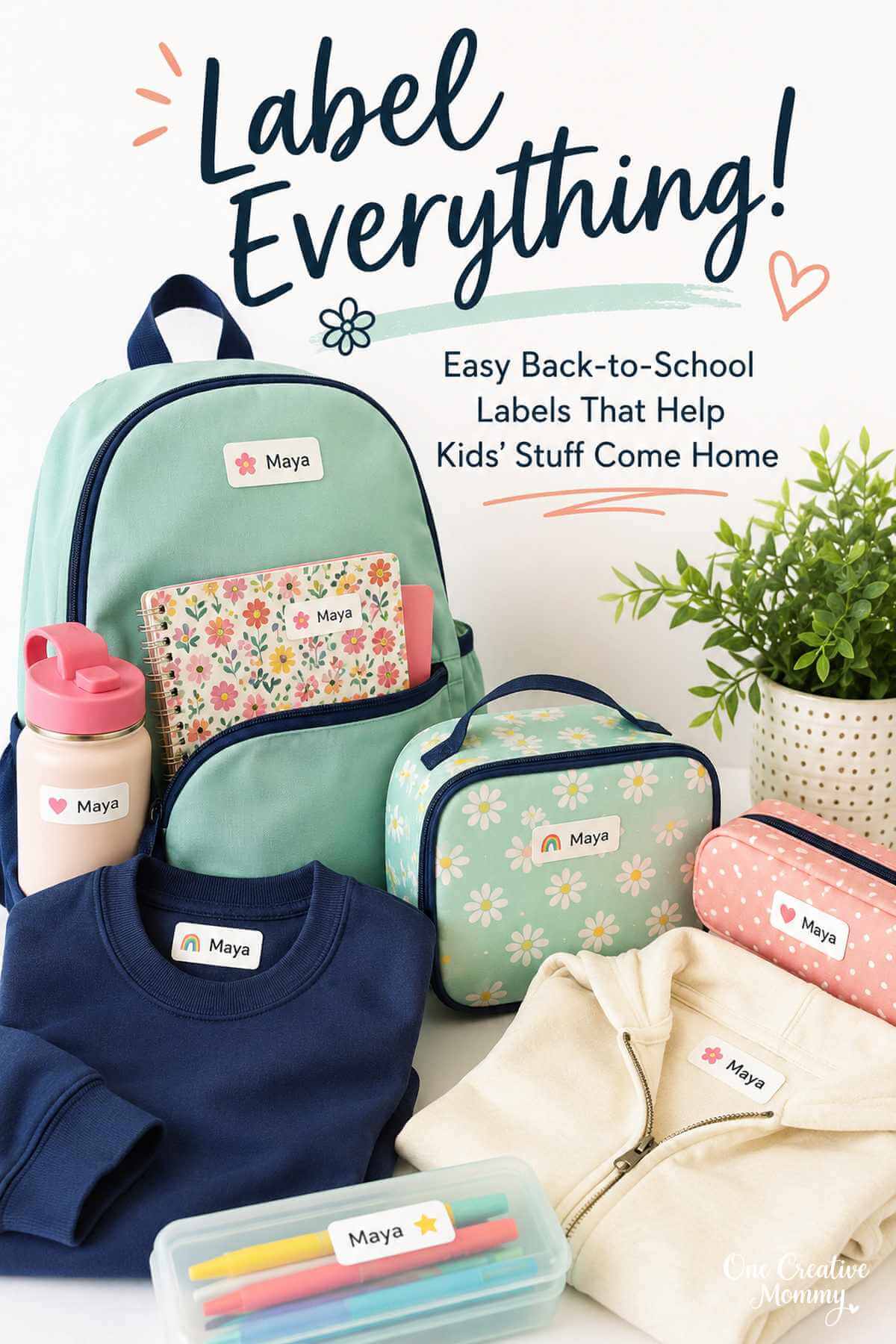 Back-to-school clothing labels and waterproof name labels on a backpack, lunchbox, water bottle, school supplies, and clothing.