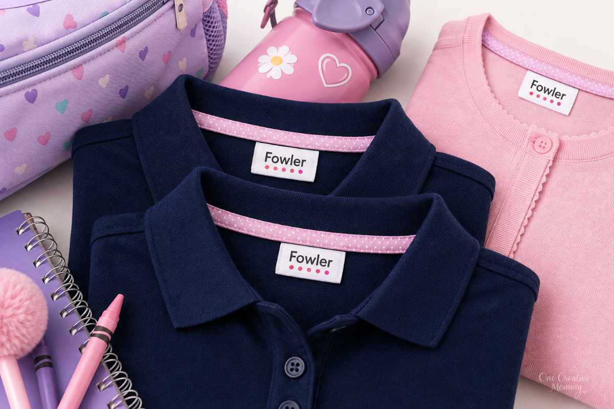 Personalized clothing label inside the collar of a navy blue school uniform polo shirt.