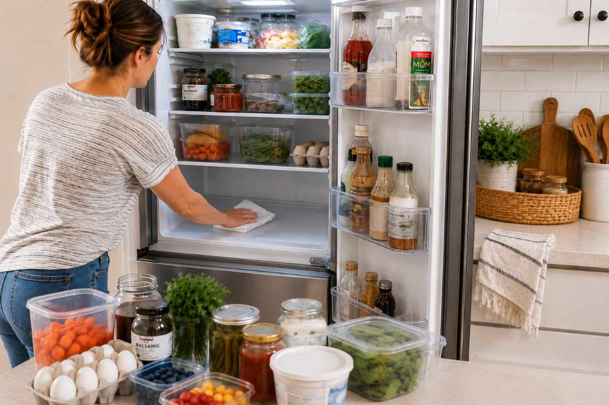 Woman cleaning and organizing the refrigerator during an end-of-summer home reset.