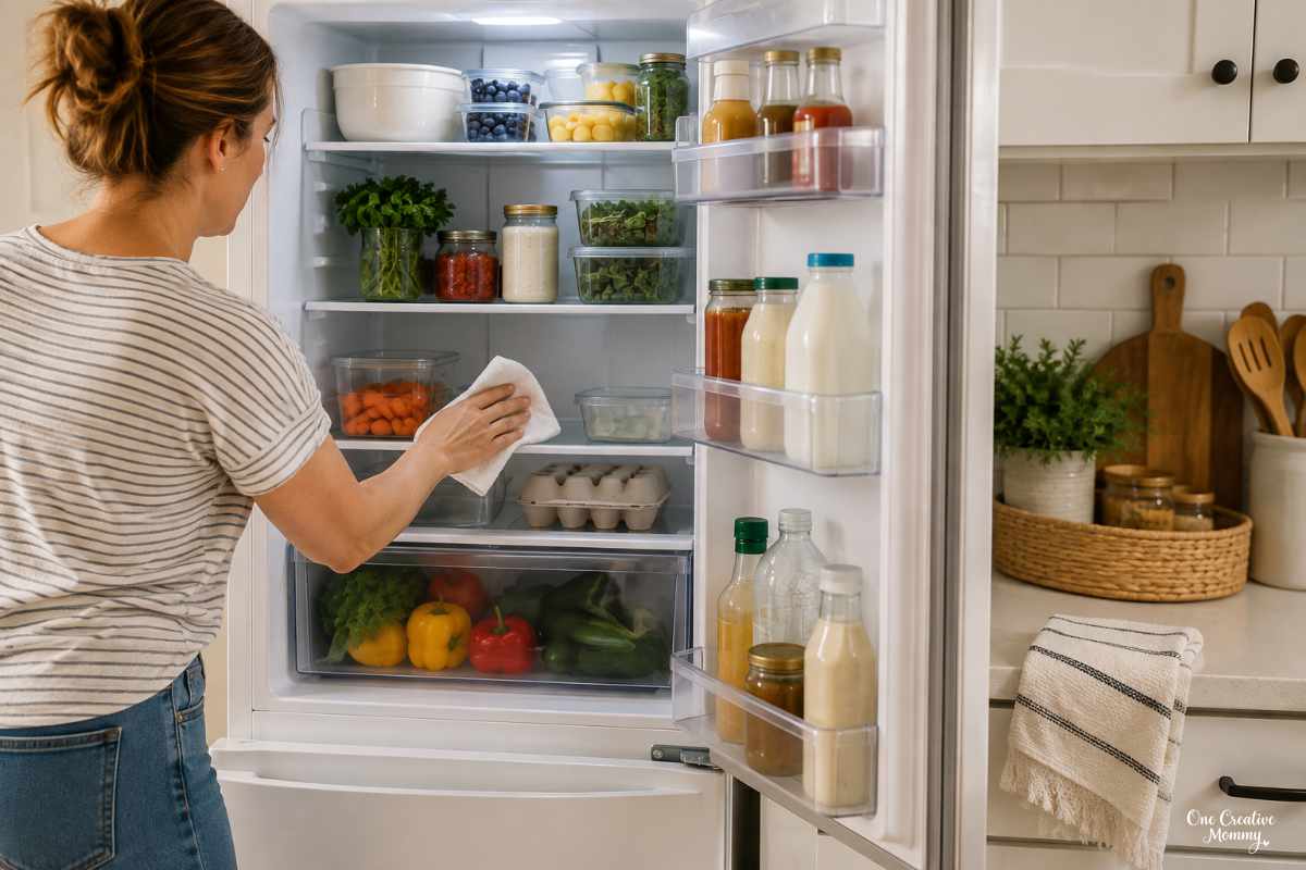 Woman cleaning and organizing the refrigerator during an end-of-summer home reset.