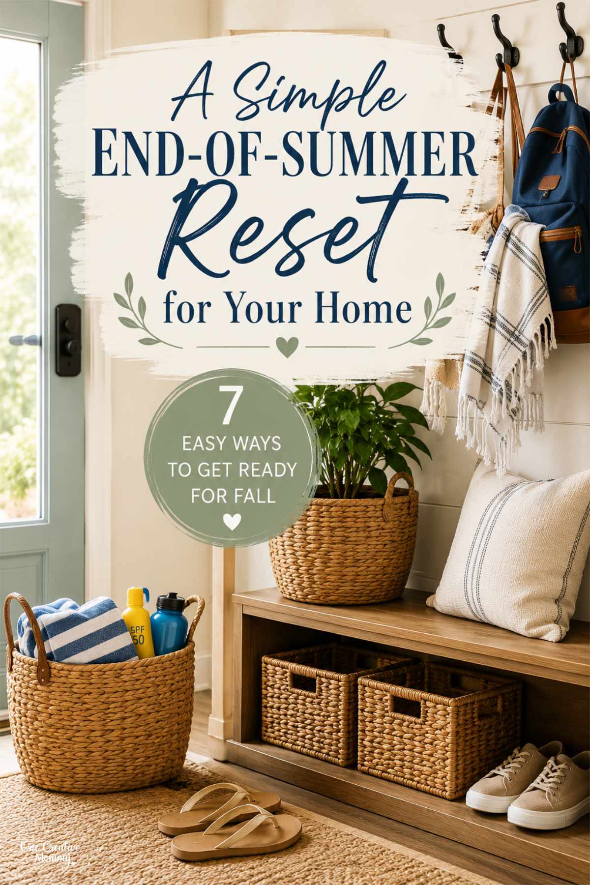 A Simple End-of-Summer Reset for Your Home with 7 easy ways to get ready for fall text overlays a bright mud room.