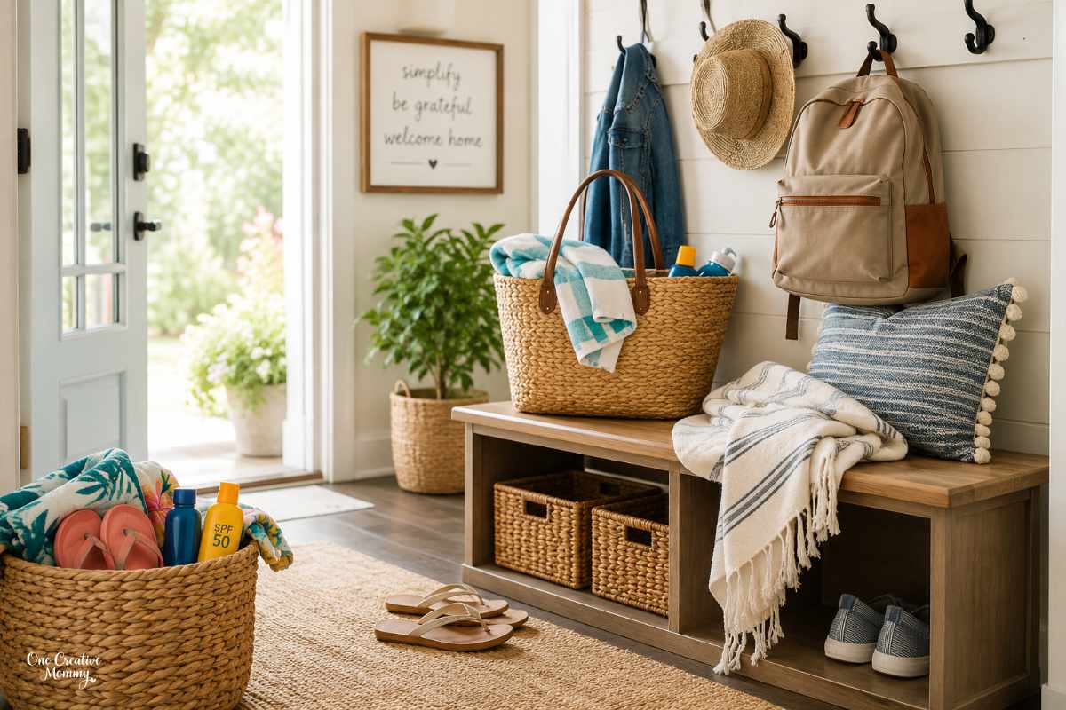 End-of-summer home reset with summer gear organized in a bright entryway before fall.