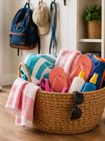 End-of-summer home reset with summer gear organized in a bright entryway before fall.