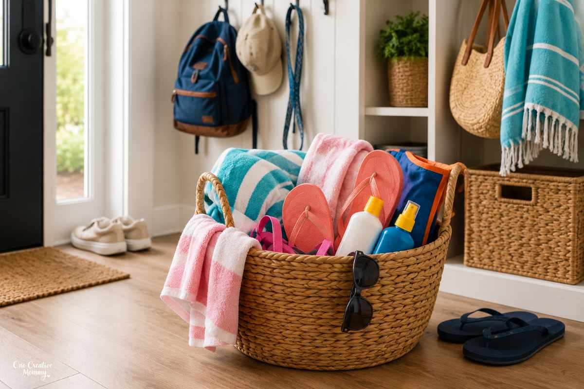 End-of-summer home reset with summer gear organized in a bright entryway before fall.
