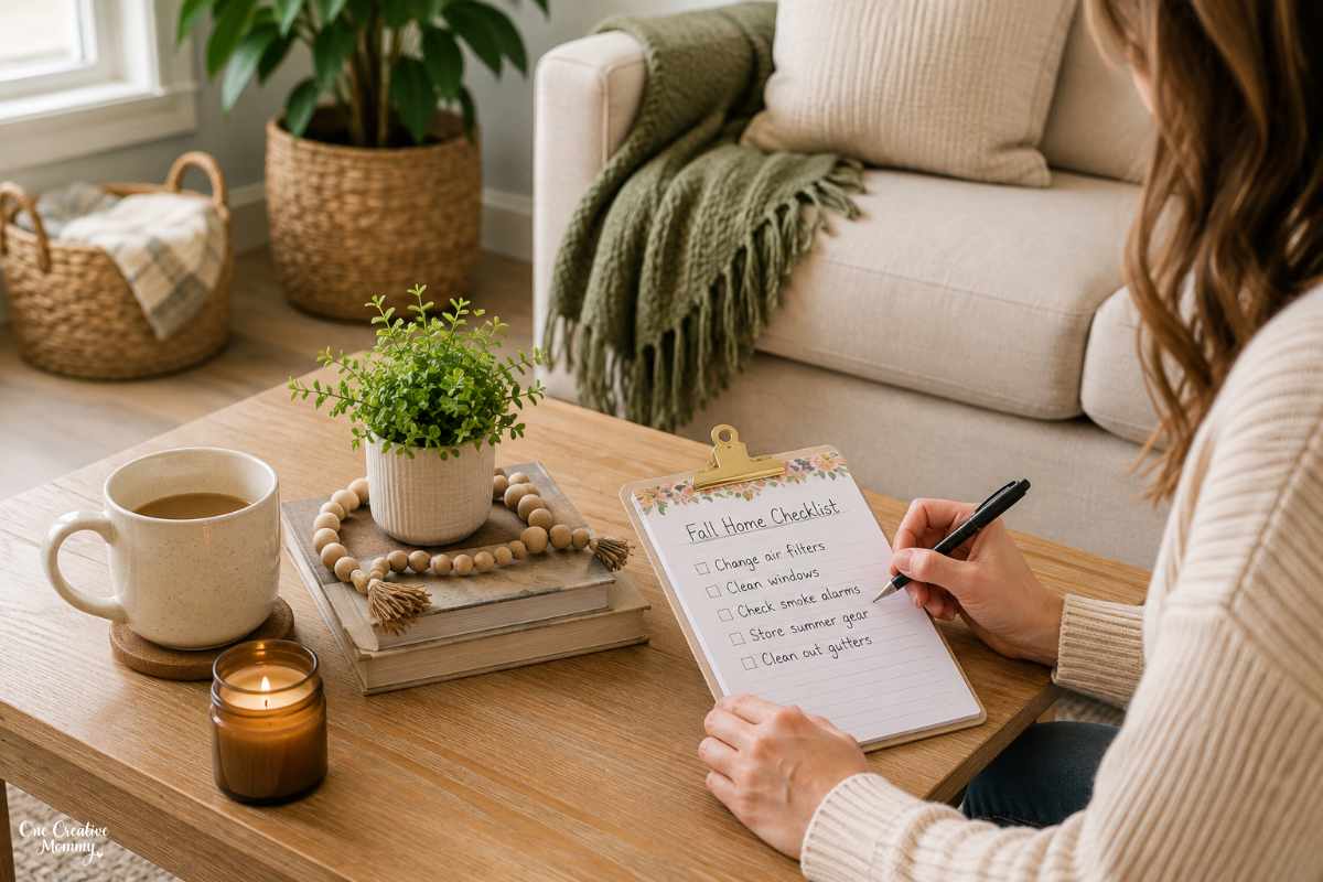 Woman writing a fall home checklist as part of an end-of-summer home reset.