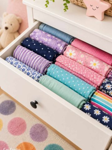 Kids’ clothing rolled neatly in an open dresser drawer so every item is easy to see.