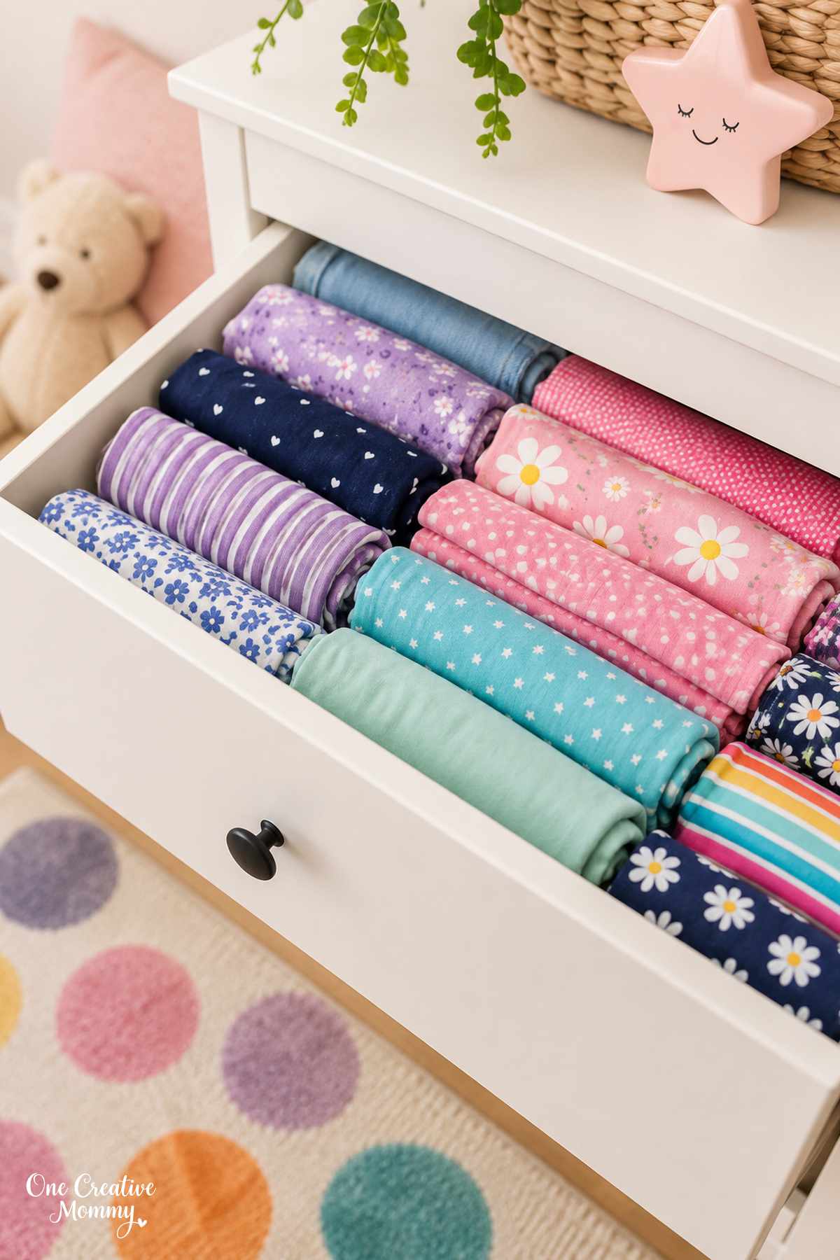Kids’ clothing rolled neatly in an open dresser drawer so every item is easy to see.