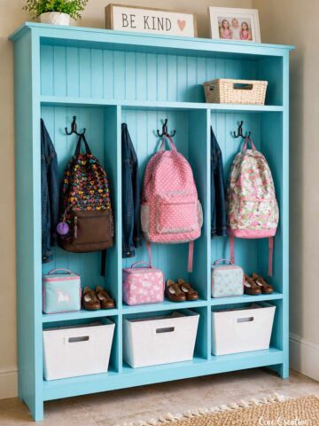 DIY storage lockers for kids with cubbies for backpacks, lunchboxes, shoes and storage bins