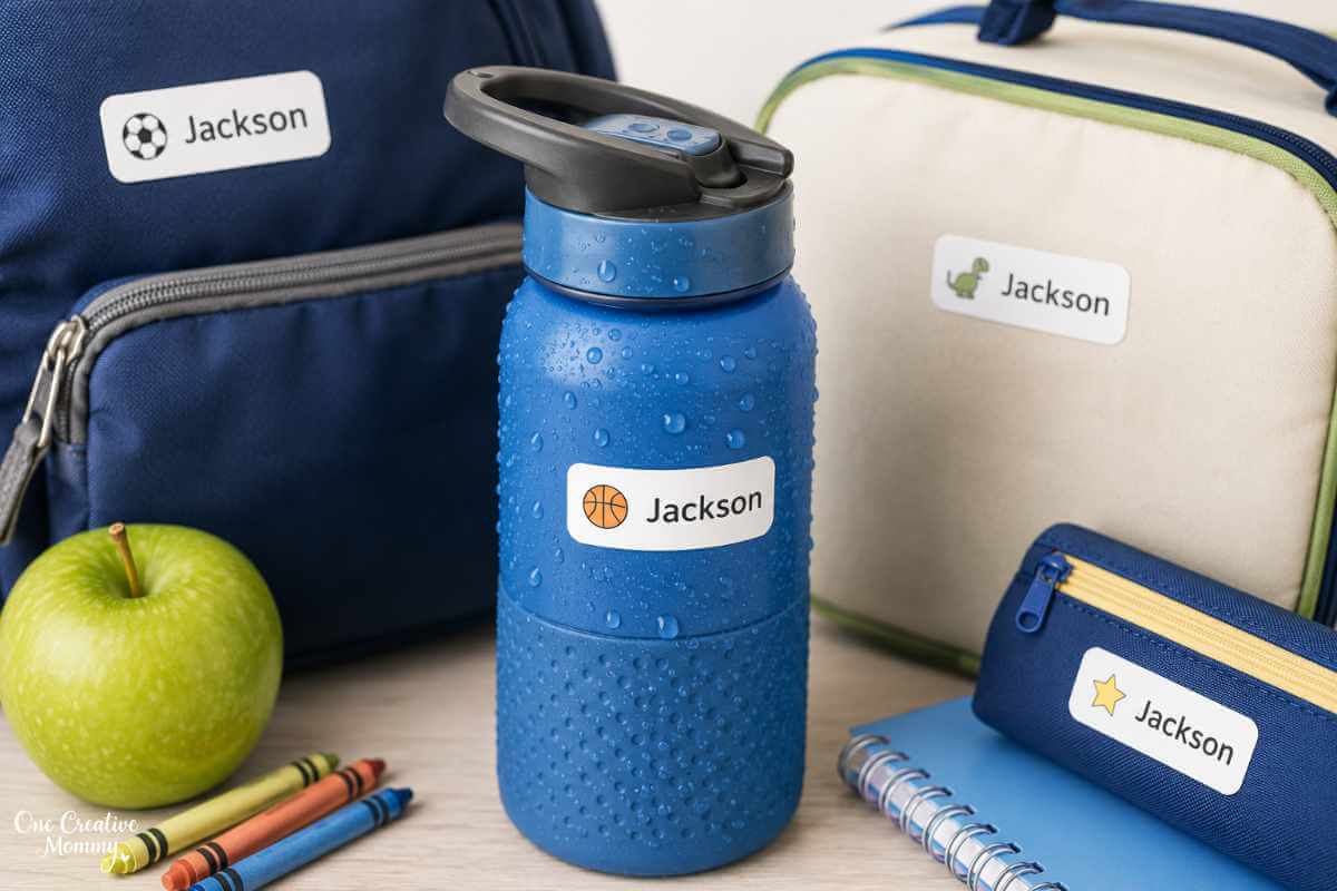Waterproof name label on a kids’ water bottle with water droplets, surrounded by back-to-school gear.