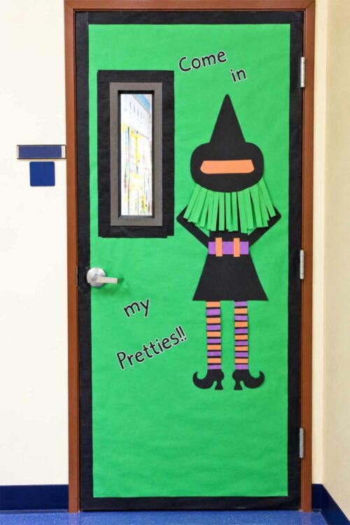 Witch Halloween classroom door decoration with Come In My Pretties sign