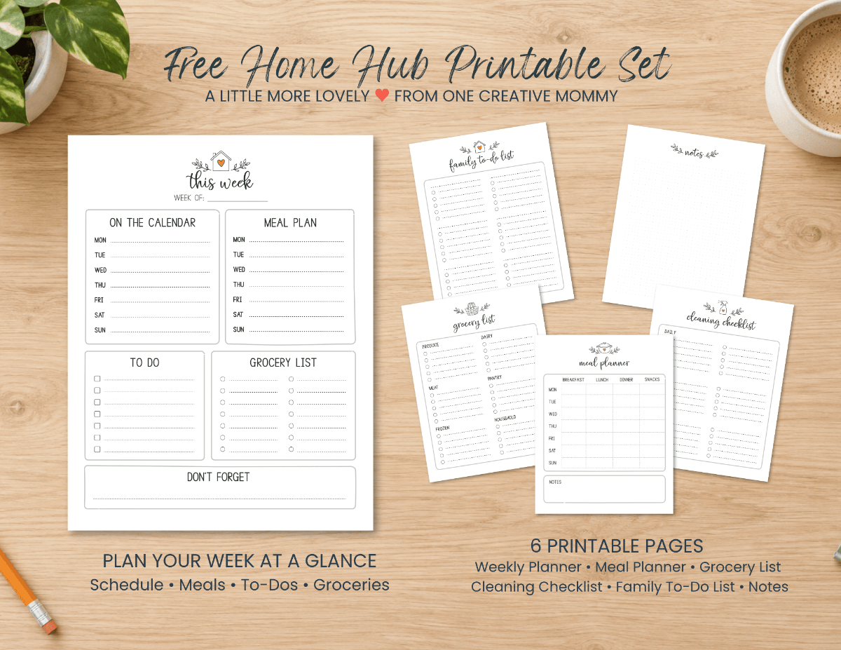 Free Home Hub printable set with a weekly planner, meal planner, grocery list, cleaning checklist, family to-do list, and notes page.
