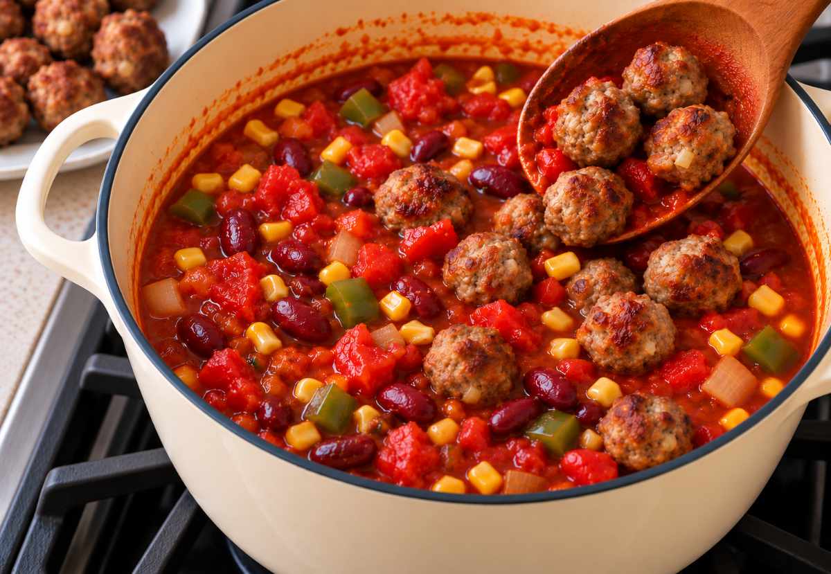Homemade meatballs being added to a pot of chili on the stove