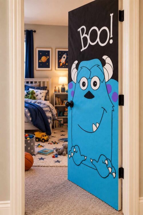 Blue monster Halloween door decoration on a child's bedroom door