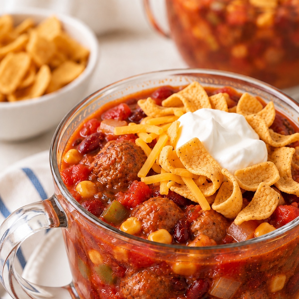 Meatball chili topped with Fritos, shredded cheese, and sour cream