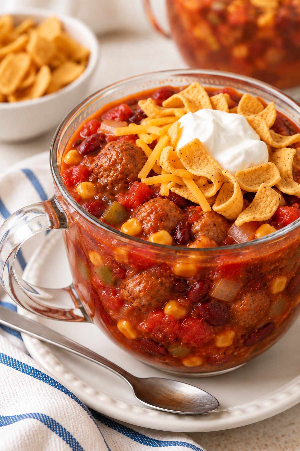 Meatball chili topped with Fritos, shredded cheese, and sour cream