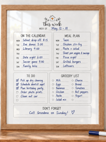 Framed weekly planner printable filled in with a blue dry-erase marker for organizing appointments, meals, tasks, and groceries.