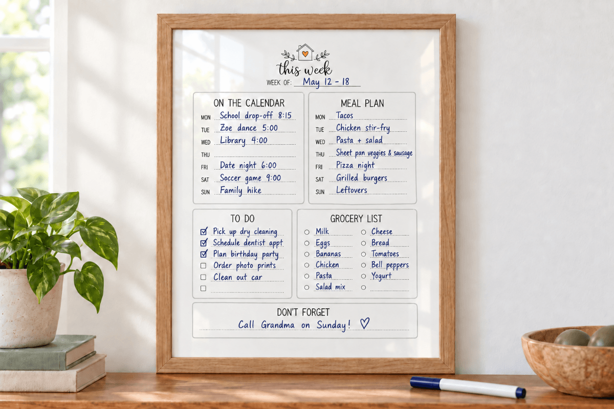 Framed weekly planner printable filled in with a blue dry-erase marker for organizing appointments, meals, tasks, and groceries.