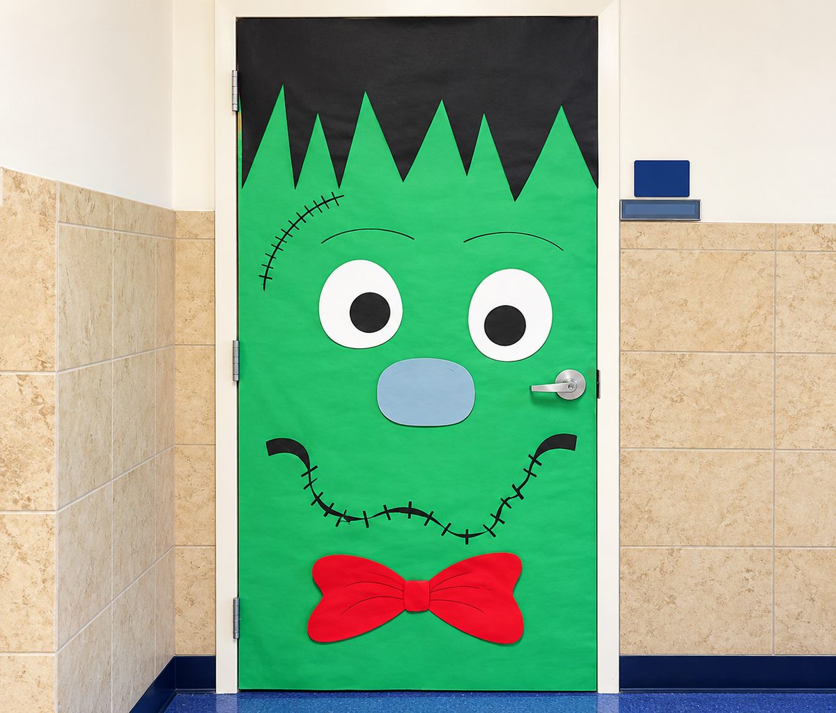 Easy green Frankenstein Halloween classroom door with a stitched smile and red bow tie