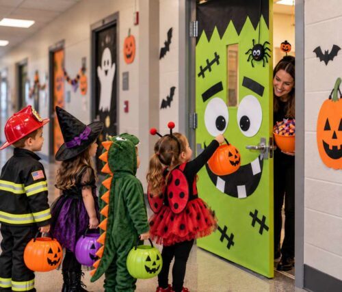 Frankenstein Halloween door at an indoor trick-or-treat with children trick-or-treating