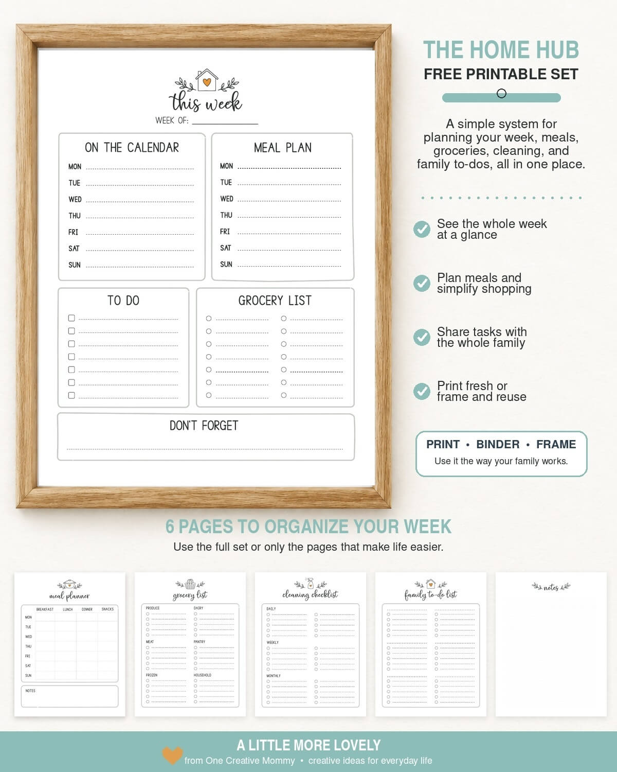 Free Home Hub printable set featuring a framed weekly planner with meal planner, grocery list, cleaning checklist, family to-do list, and notes pages.