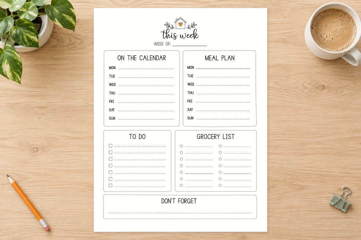 Free Home Hub weekly planner printable displayed on a light wood desk with a pencil, coffee, and green houseplant.
