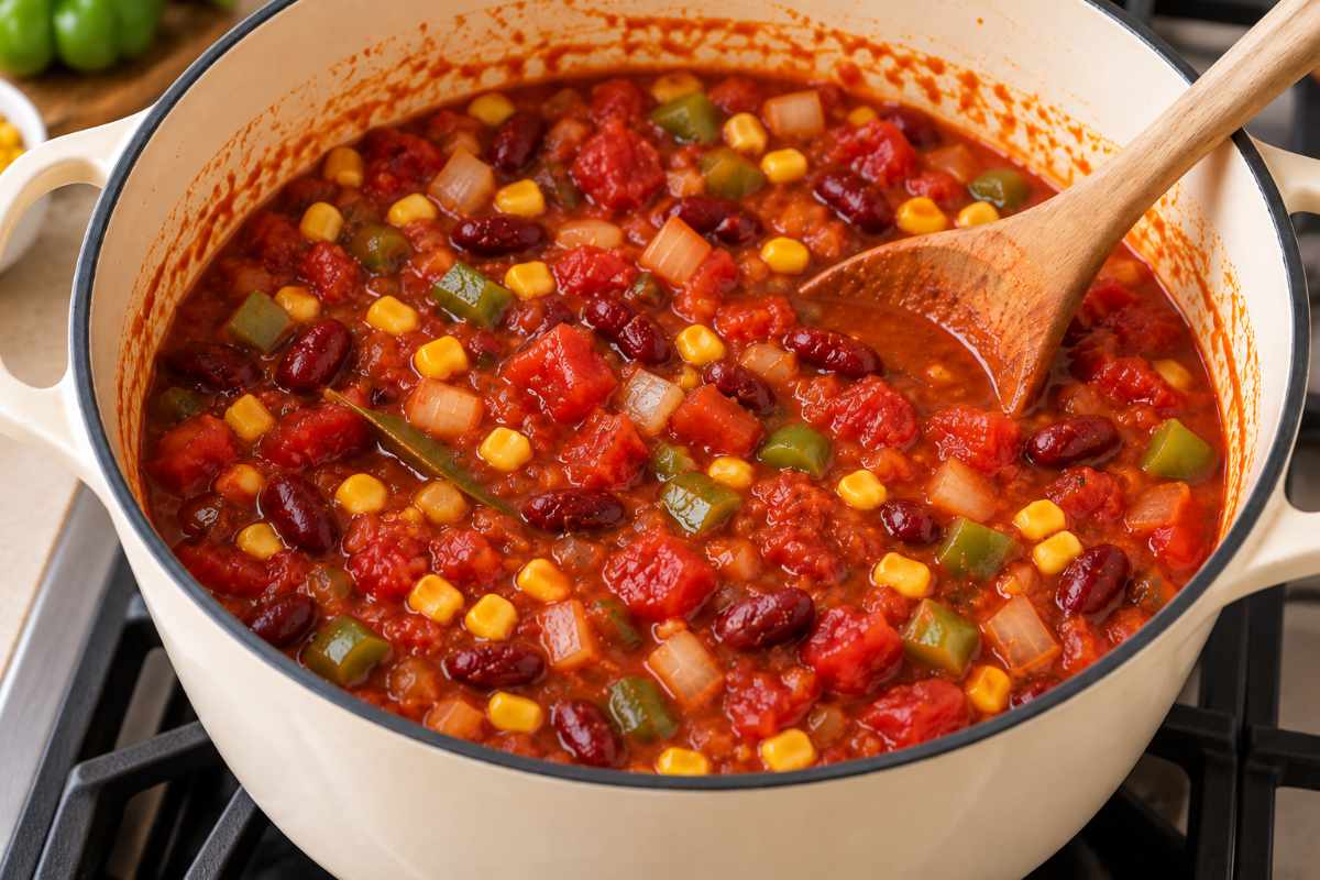 Chili with kidney beans, corn, tomatoes, onions, and green peppers simmering on the stove