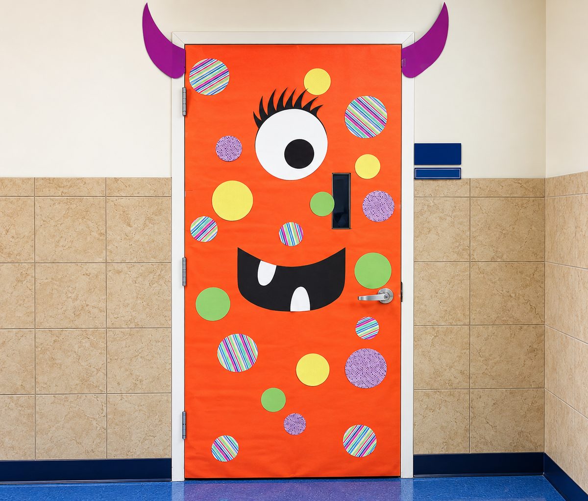 Orange polka dot monster Halloween classroom door with one eye and purple horns