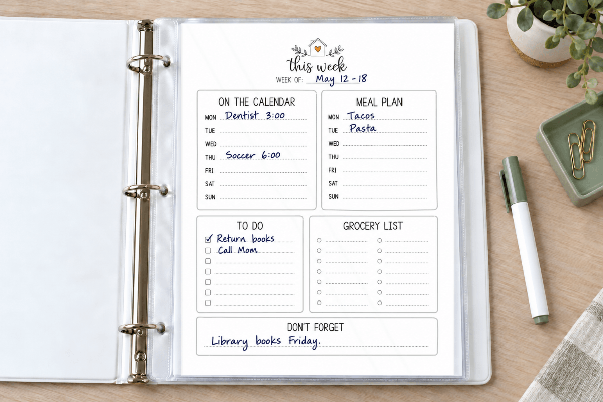 Weekly planner printable inside a clear binder sleeve with a few handwritten dry-erase entries and a marker nearby.