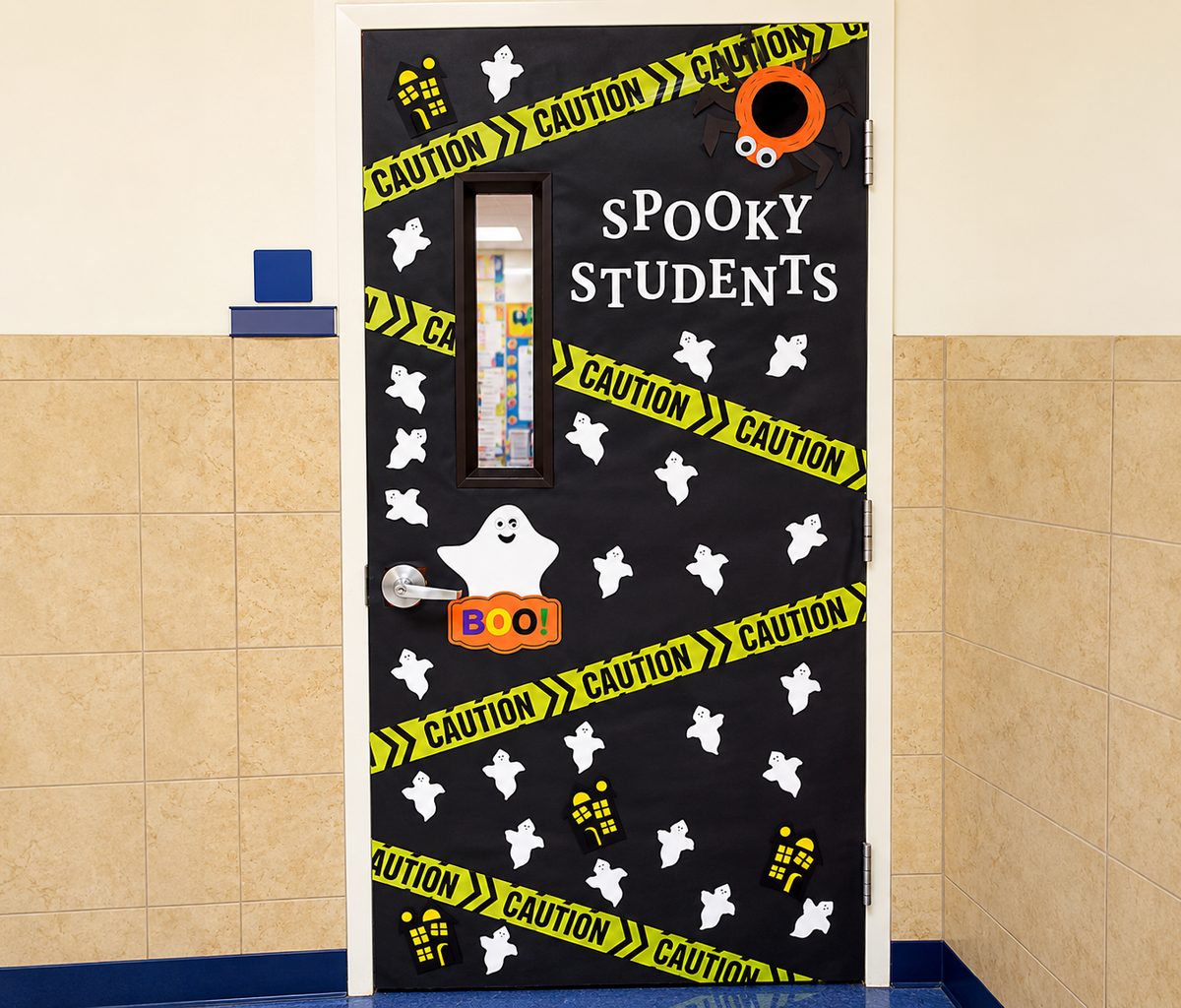Spooky Students classroom Halloween door decorated with ghosts and caution tape