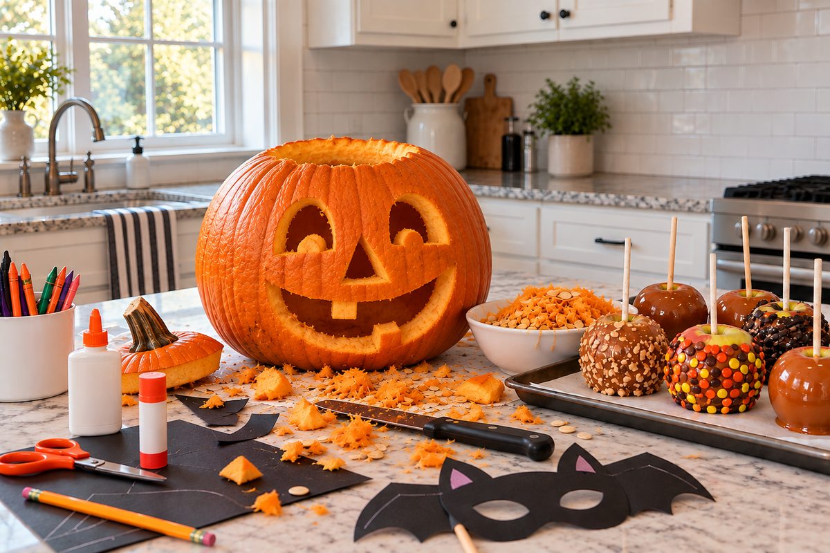 Homemade Halloween decorations and pumpkin carving in a bright kitchen