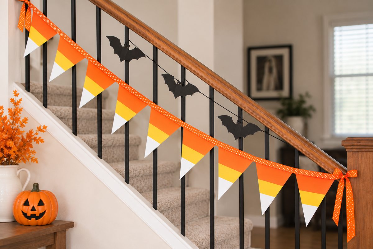 Homemade candy corn pennant banner and black paper bat garland decorating a staircase for Halloween